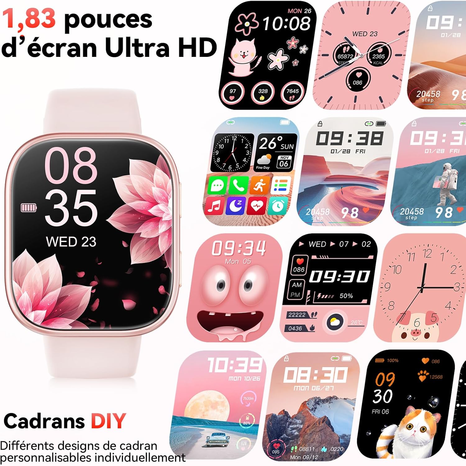 Detalle de Mingtawn Montre Connectée Rose – Appels Bluetooth, 1,83'' HD, 100+ Modes Sportifs et Suivi Santé
