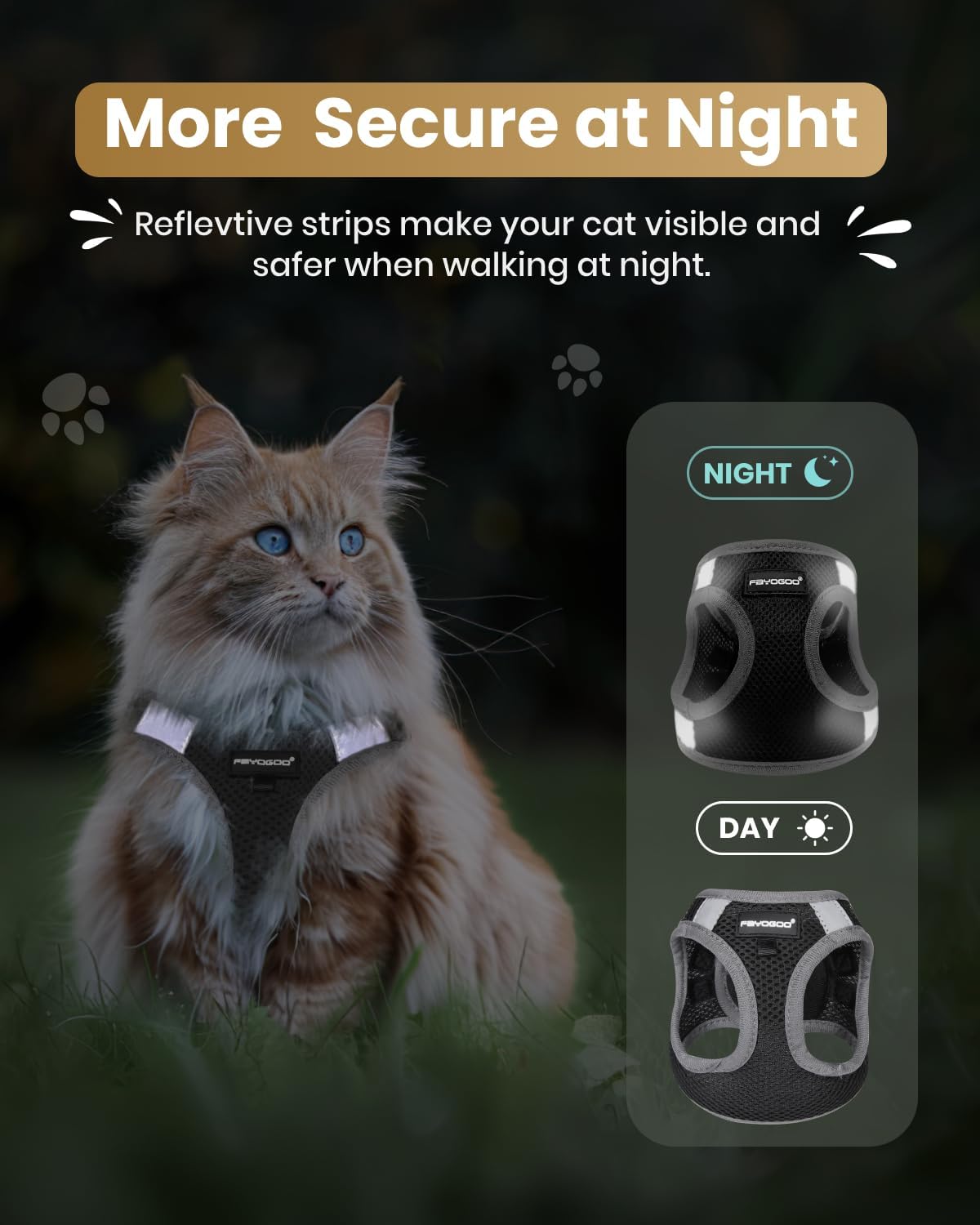 Detalle de FAYOGOO Cat Harness and Lead Set Escape Proof – Large, UK Walks, Adjustable & Step-In