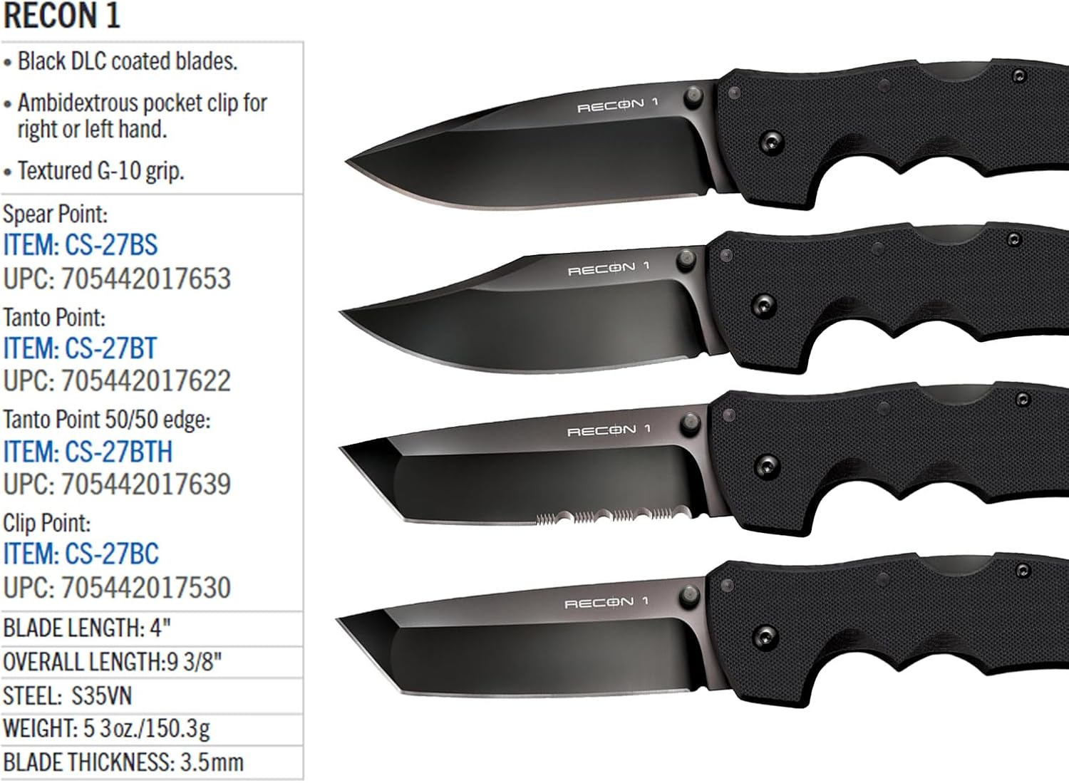 Thumbnail 6 de Cold Steel Recon 1 4" Folding Knife, S35VN Blade, G-10 Handle, Tri-Ad Lock