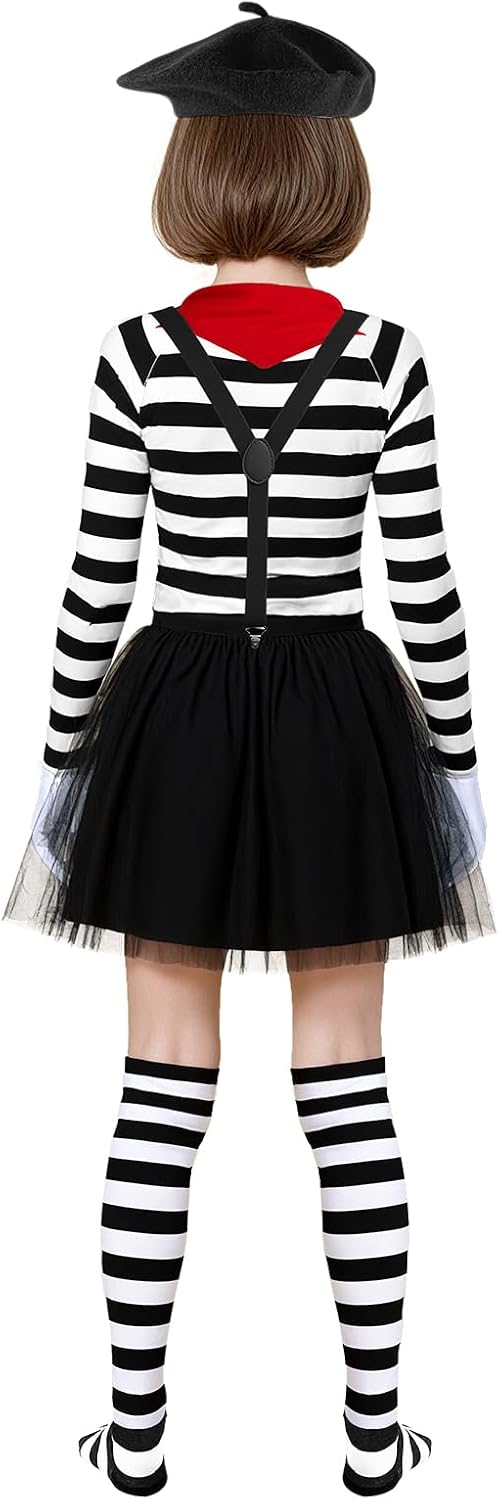Detalle de French Mime Artist Women’s Costume, 7-Piece Set with Beret and Red Scarf