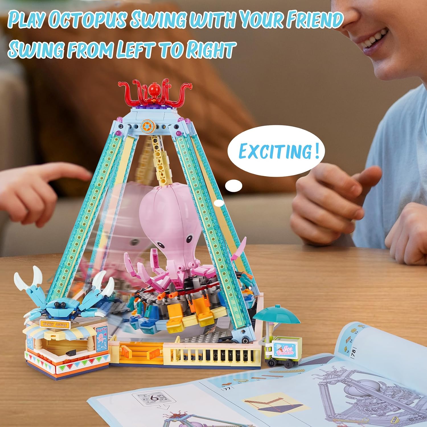 Detalle de Vinbosion Octopus Swing Building Blocks Set (1189 pcs) – Creative Amusement Park Model