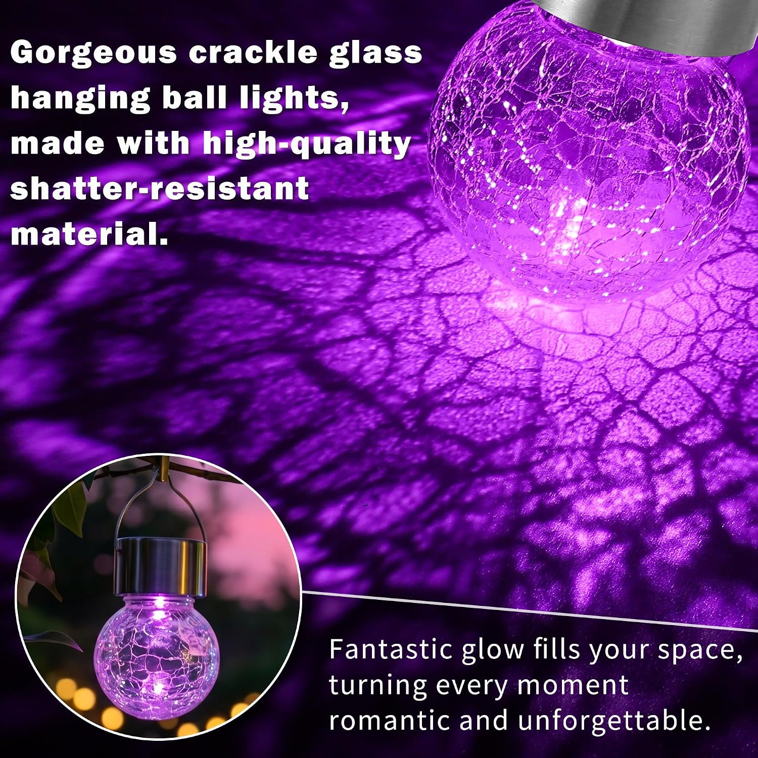 Thumbnail 5 de Innvist 8-Pack Outdoor Hanging Solar Lights: Multi-Colour Crackled Glass, IP65, Battery-Powered Ambience