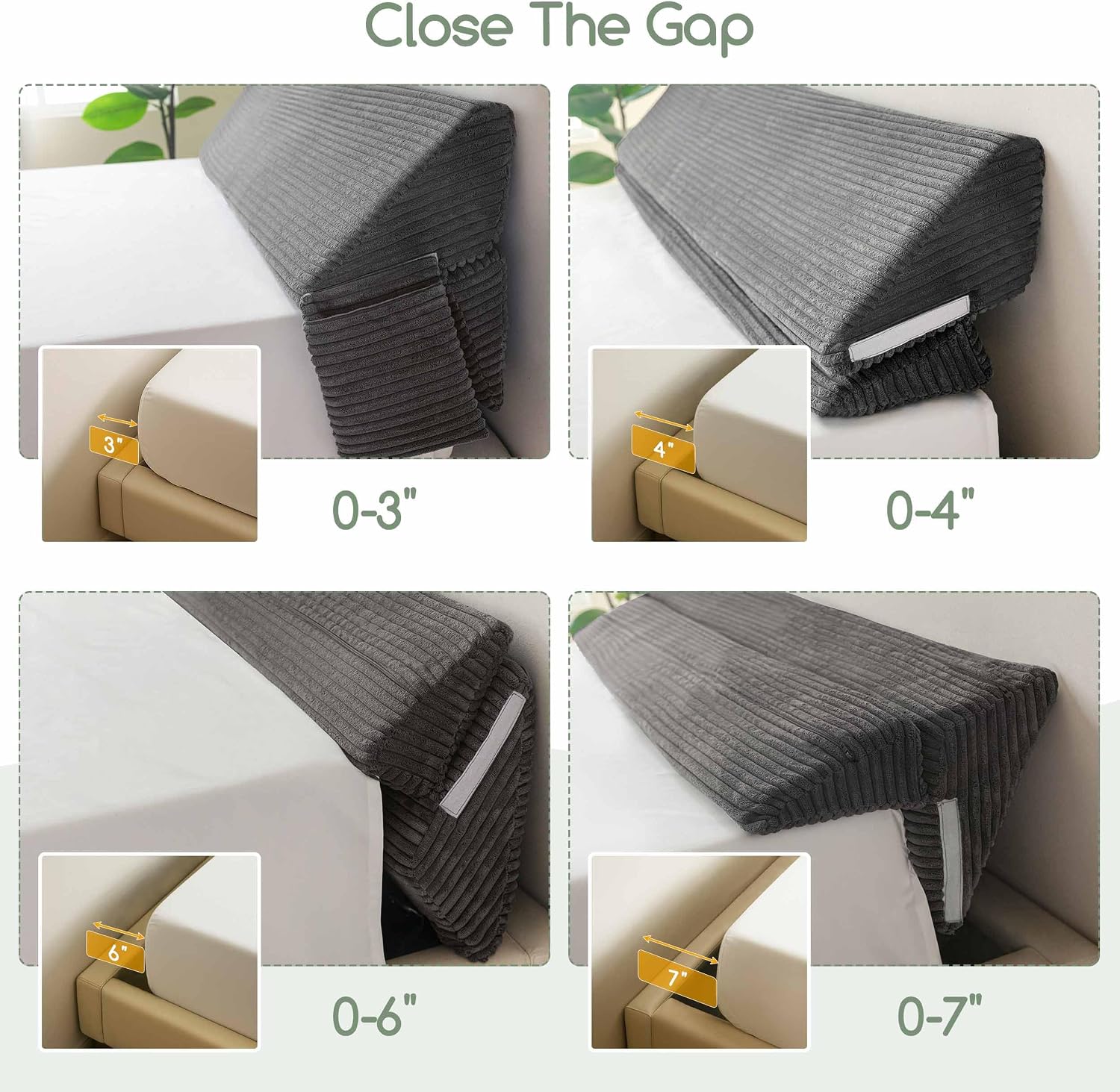 Detalle 1 de HIGOGOGO WP King Size Bed Wedge Pillow, Grey Corduroy, 0–7-inch Gap Filler