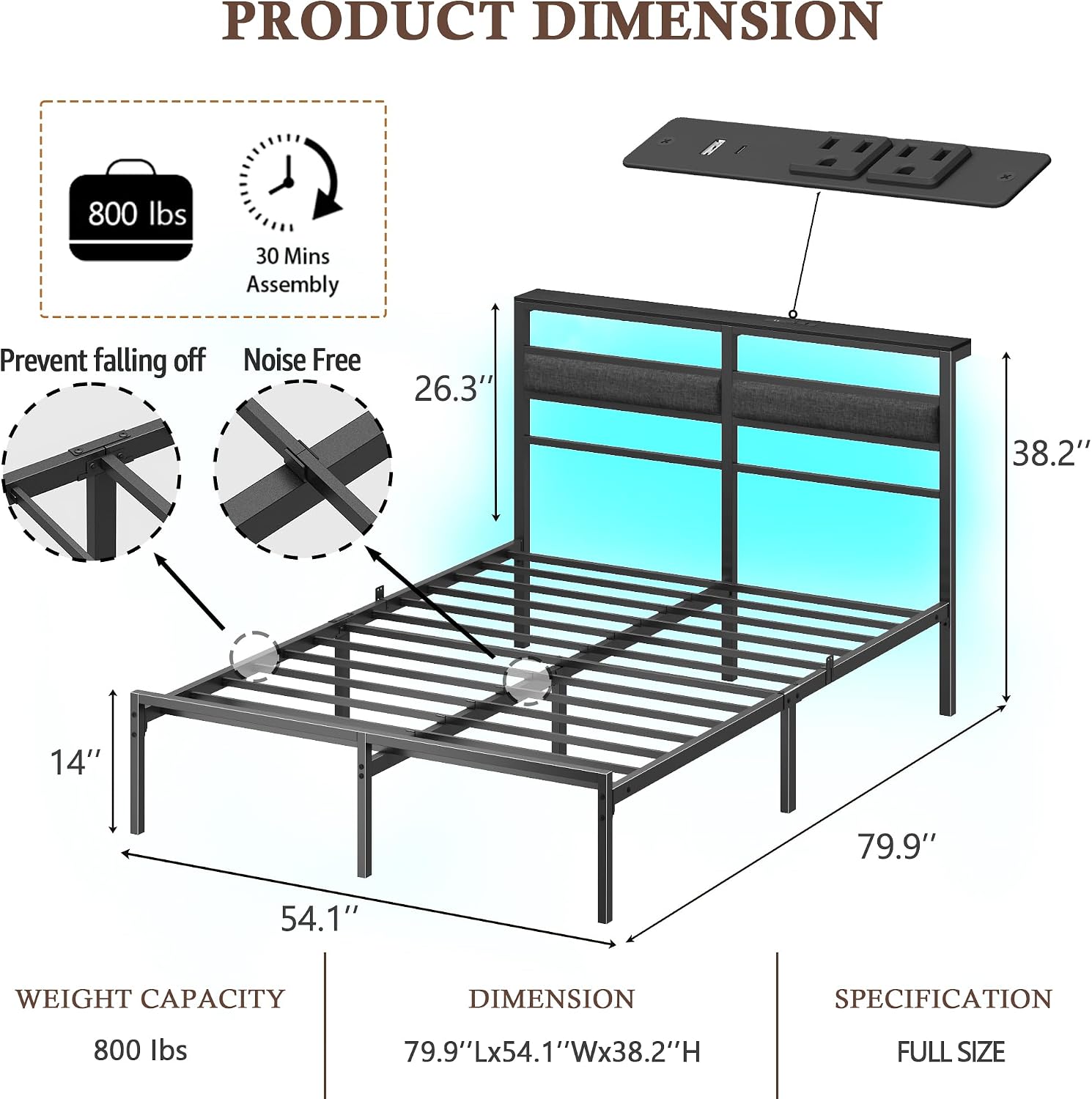 Thumbnail 1 de OURPIC BF019 Full Size Platform Bed Frame with RGB LEDs, Charging & Storage