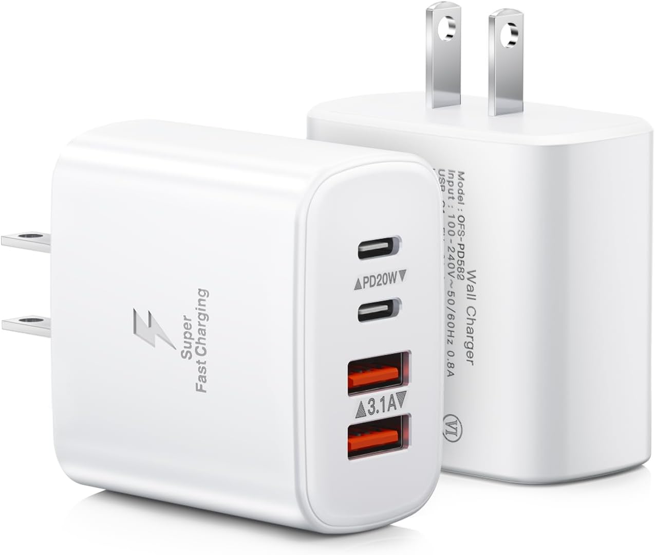 Detalle de BECHAGE USB C Charger Block 40W, 2-Pack: 4-Port Fast Charging Wall Chargers (2x USB-C + 2x USB-A) with PD & QC 3.0