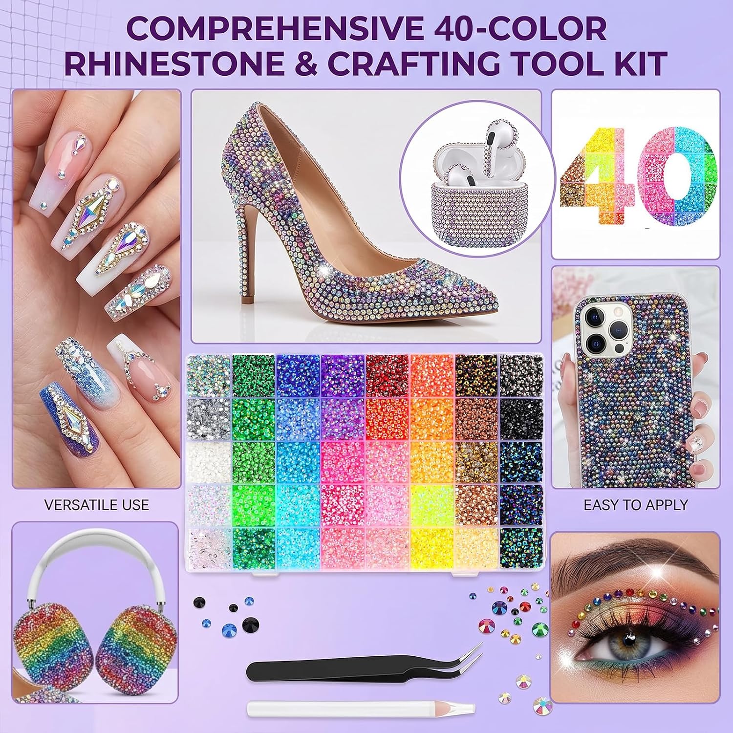 Detalle 2 de ZORVENIX Bedazzling nagelstrass-steentjes 3 mm, 40 kleuren met pincet en wasstift