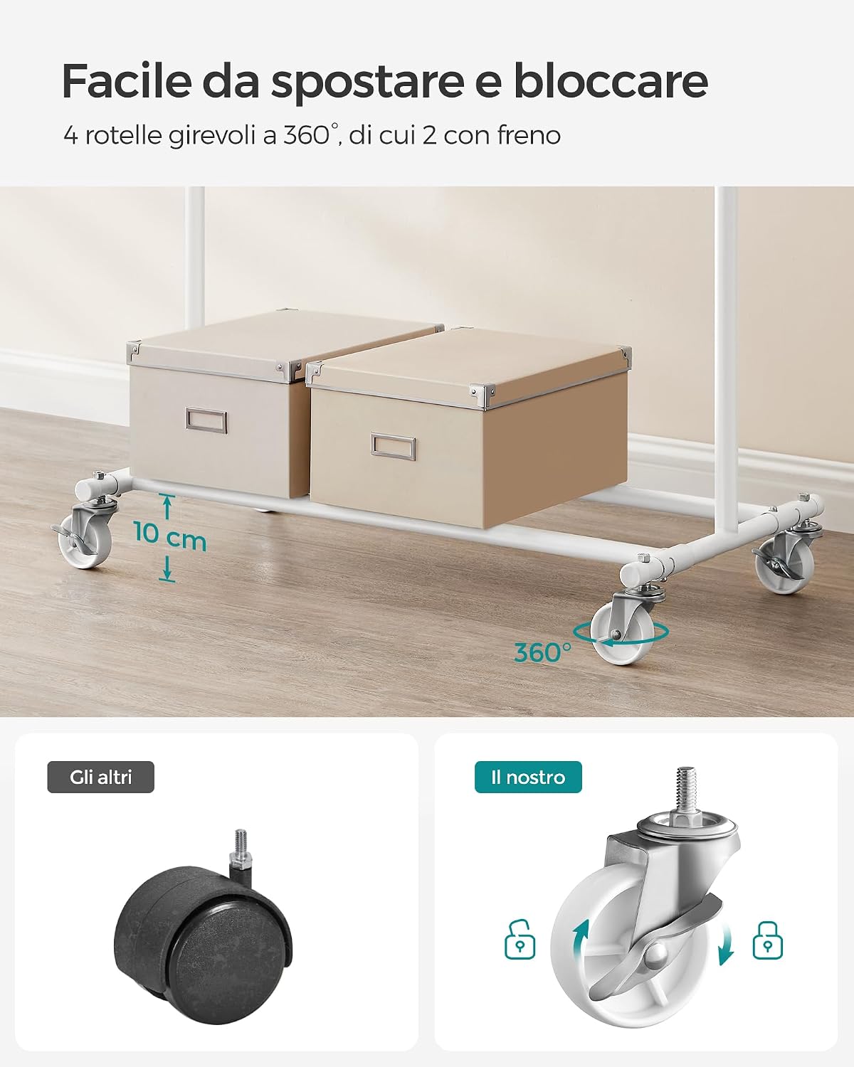 Thumbnail 3 de SONGMICS HSR013W01 stand appendiabiti con ruote e barre estensibili, portata totale 100 kg