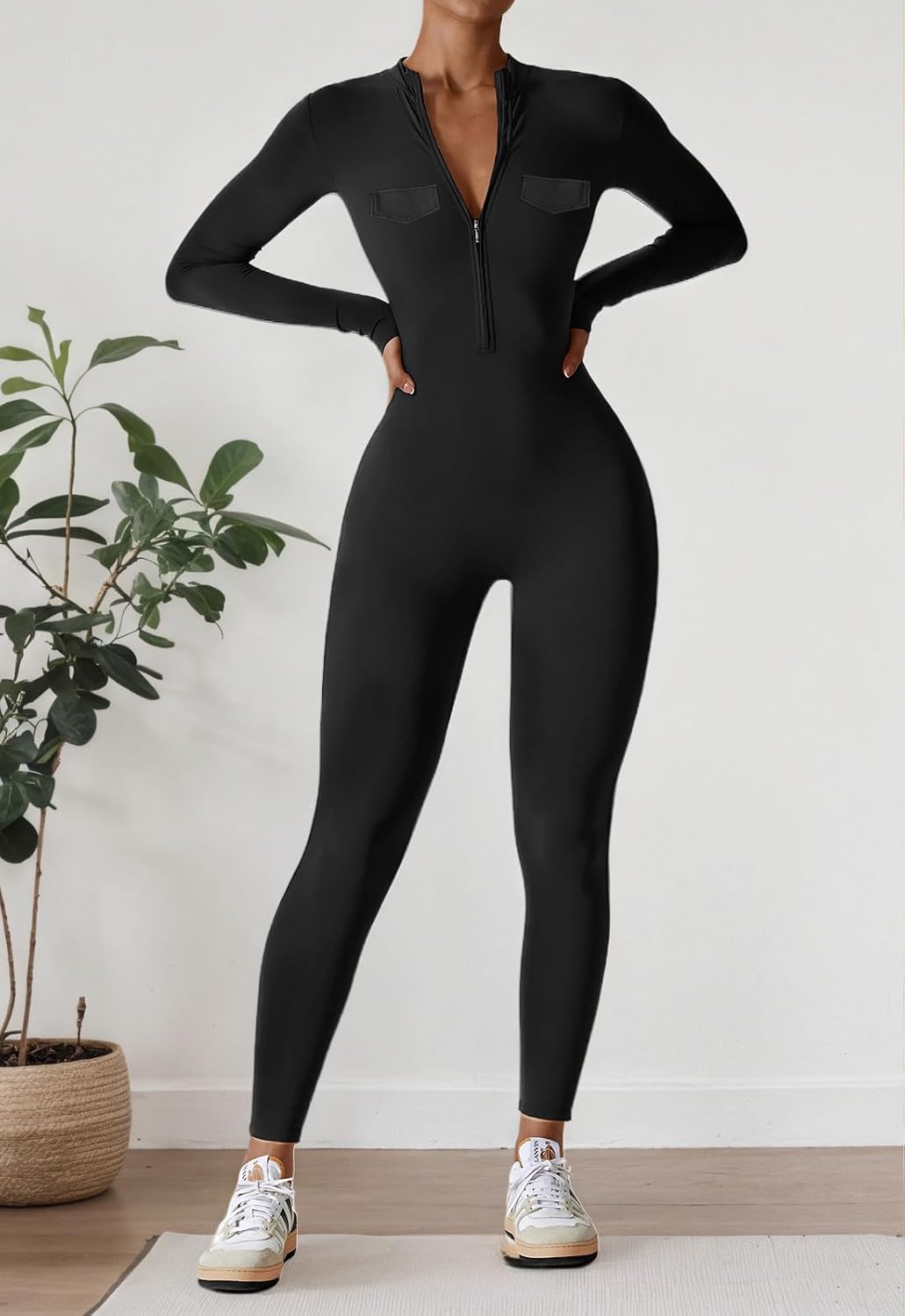 Detalle 2 de Ecupper Jumpsuits Damen Yoga Bodycon Einteiler Zip Up