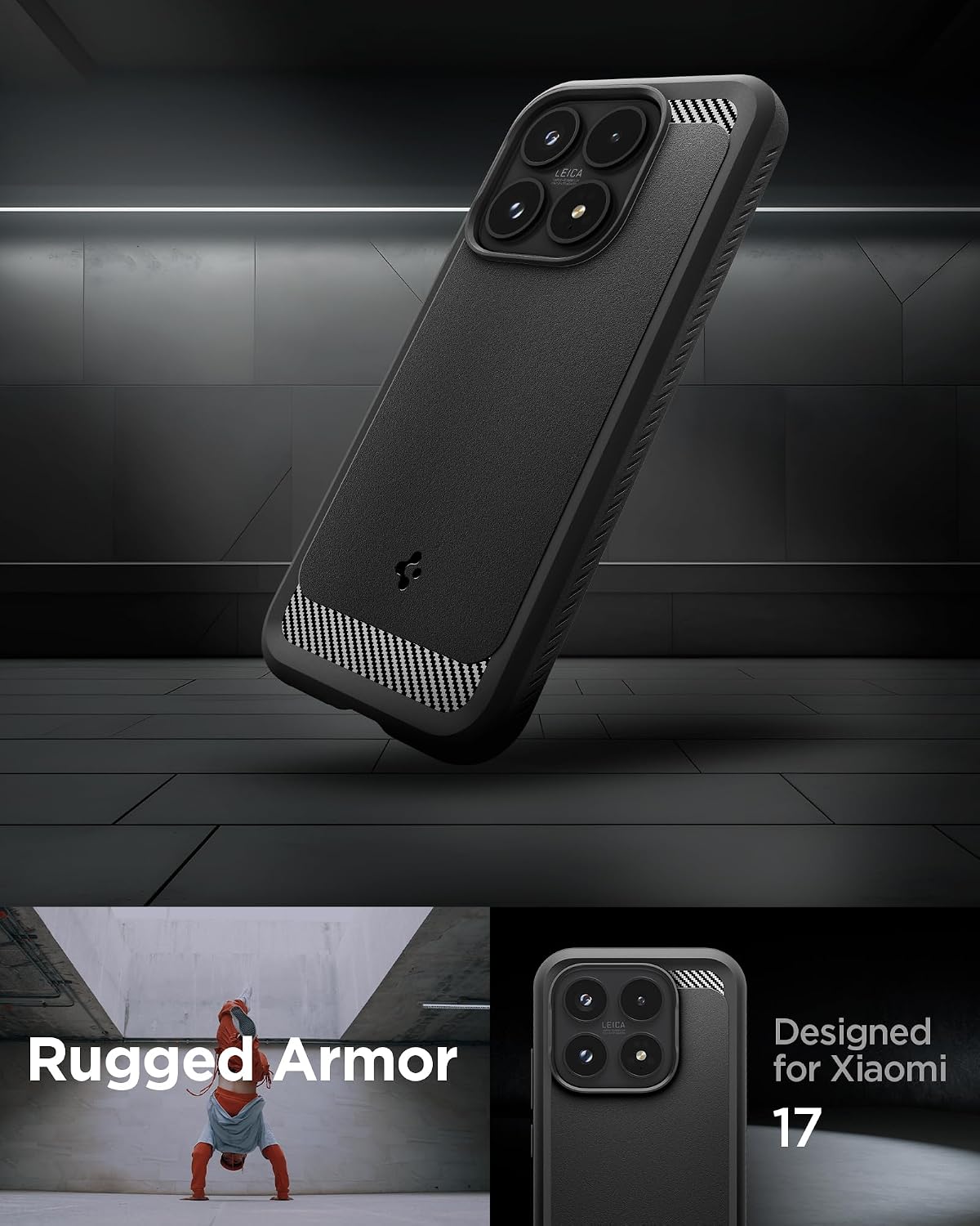 Detalle de Spigen Rugged Armor per Xiaomi 17, cover in nero opaco con bordo rialzato e Air Cushion