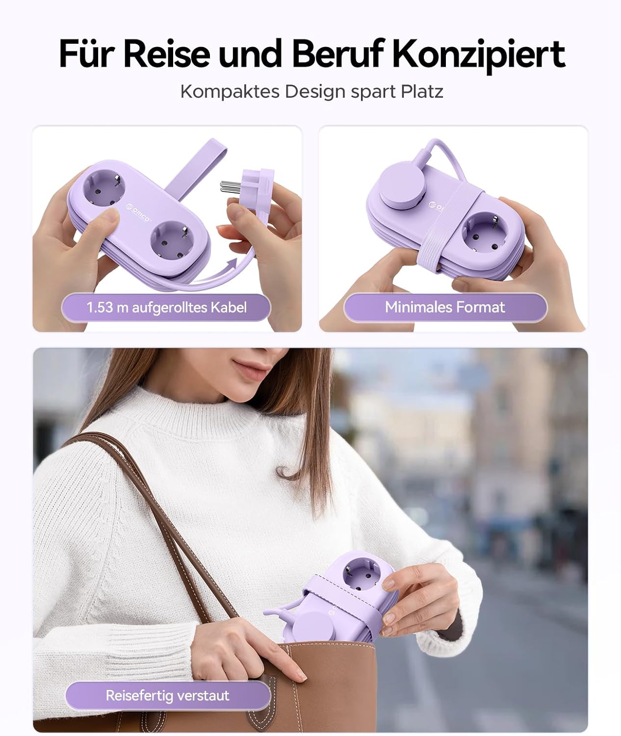 Thumbnail 4 de ORICO Steckdosenleiste mit USB‑C PD 20W (AP3-Lila) – 2 Steckdosen + 3 USB, 1,5 m Kabel