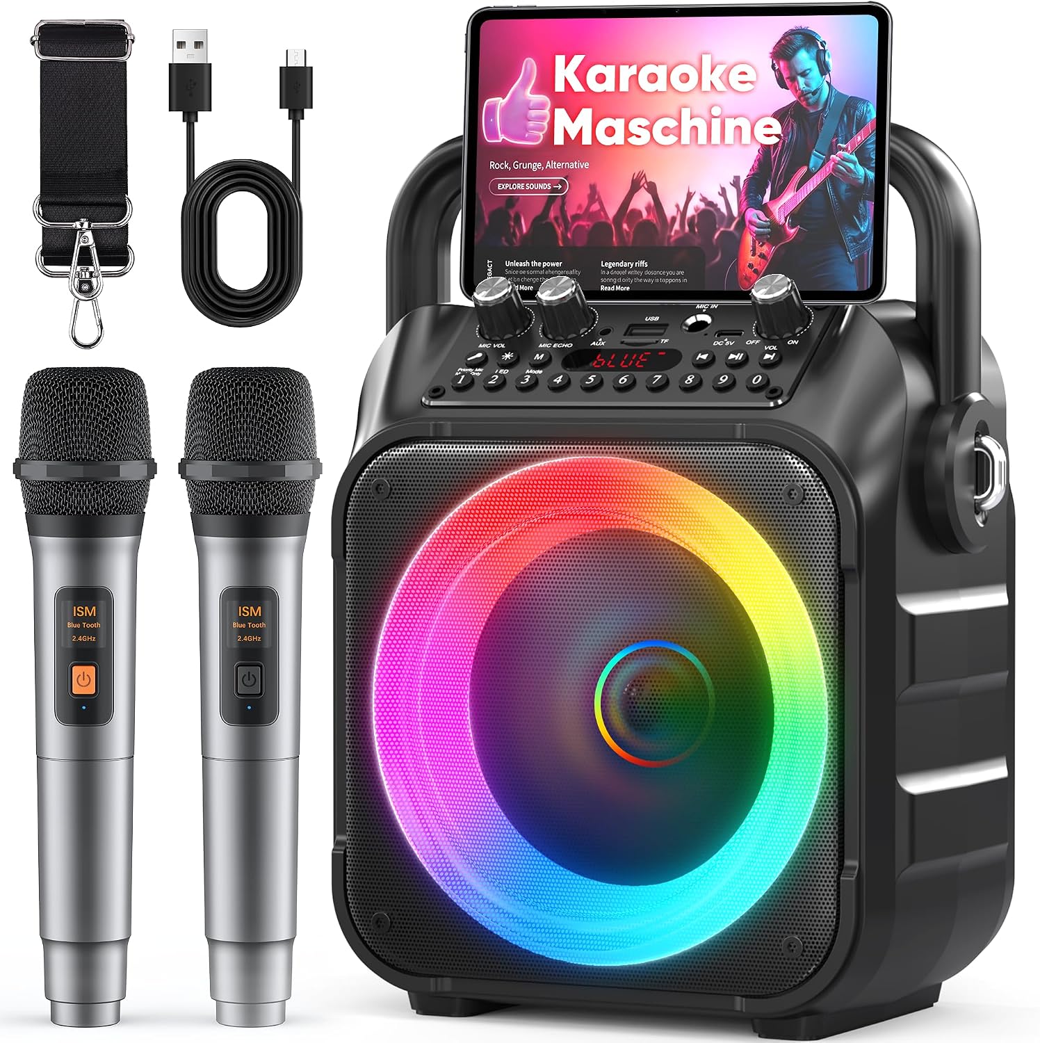Detalle de Singingmate Karaoke Maschine mit 2 kabellosen Mikrofonen – tragbare Karaoke Box, Bluetooth Lautsprecher, TV-kompatibel