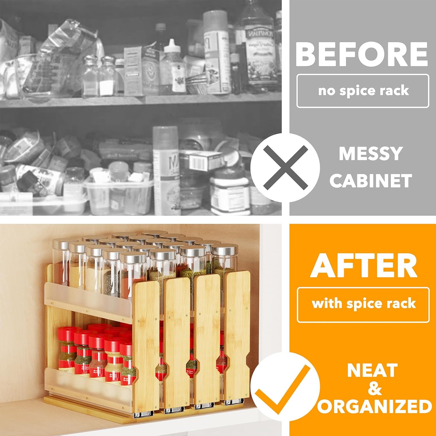 Detalle de SpaceAid Bamboo Pull Out Spice Rack Organizer (4 Drawers, 2-Tier) — 10.1" Wide