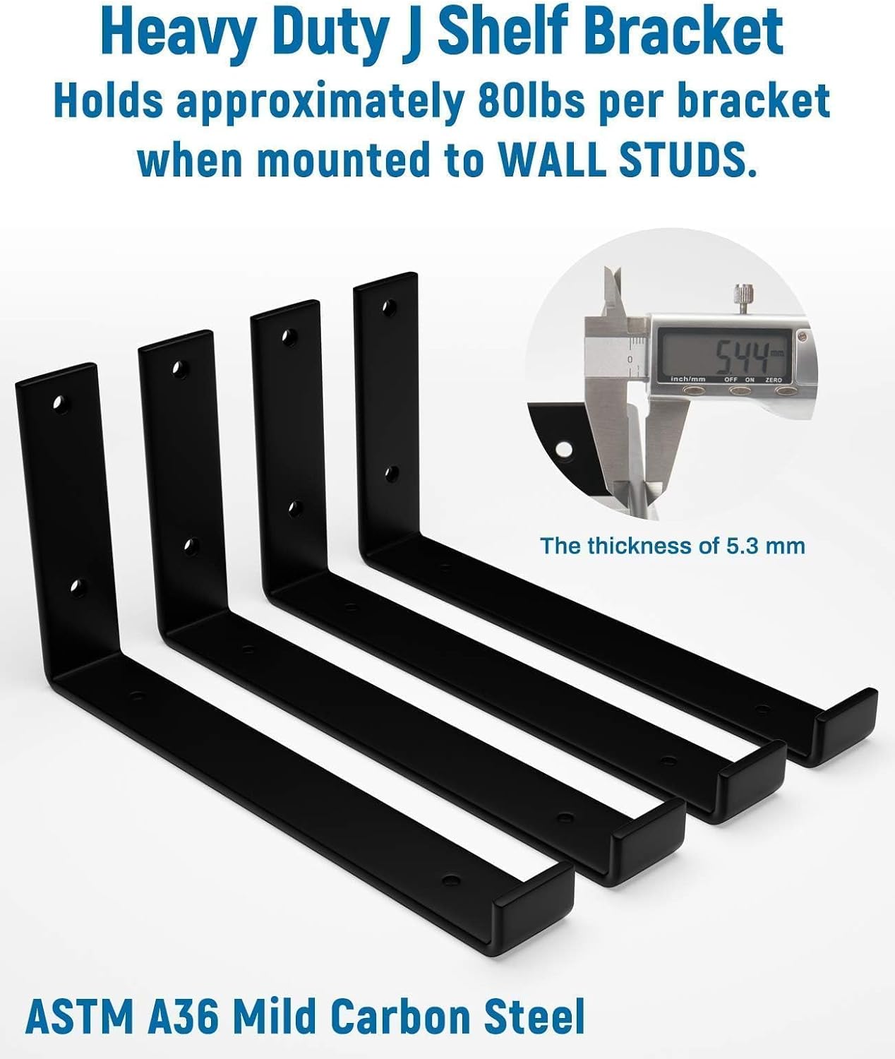 Detalle 2 de LEOPO 725-4 Shelf Brackets, 4-Pack, 7.25-Inch Black Powder-Coated J Supports