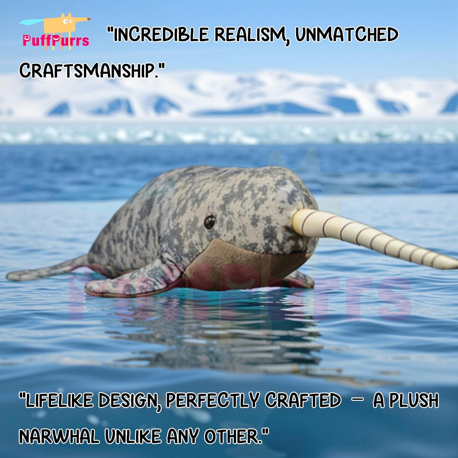 Detalle de PuffPurrs Lifelike Narwhal Plush Toy, 15‑inch