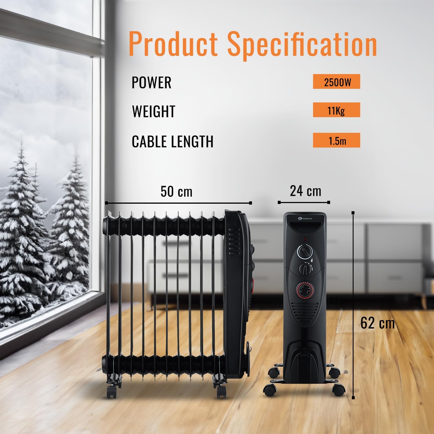 Detalle de PureMate Oil Filled Radiator 2500W — 11-fin heater