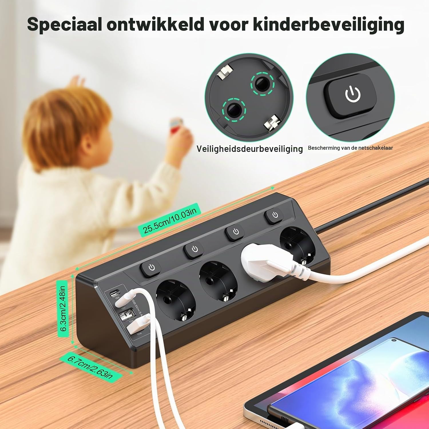 Detalle 2 de HITRENDS Hoekstopcontact-Zwart: stekkerdoos met 4 stopcontacten en 4 USB-poorten