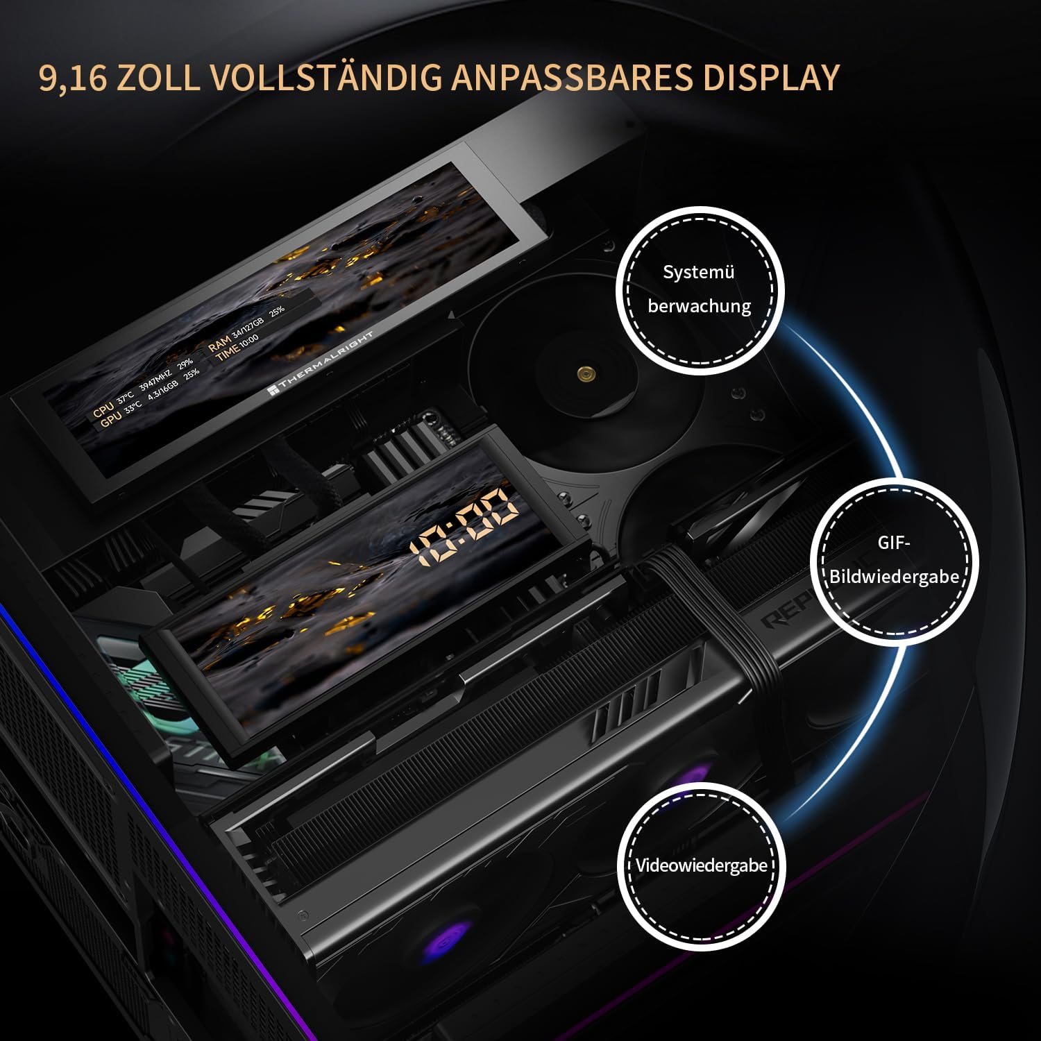Detalle de Thermalright A70 VISION Full Tower PC Case with 9.16-inch Display and Mesh Ventilation