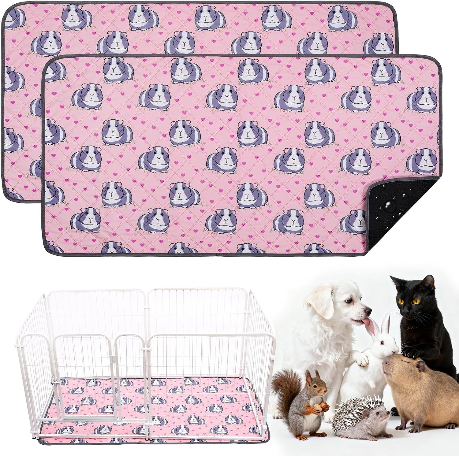 HOZKUY 2-Pack Guinea Pig Cage Liners & Bedding (24"x48") – Washable, leakproof pee pads with odour control