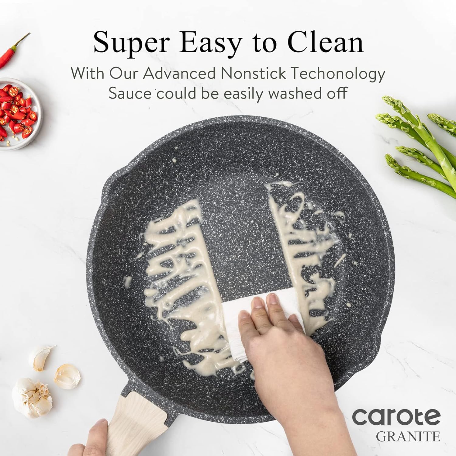Detalle de CAROTE 10/12/12.5 Inch Nonstick Deep Frying Pan with Lid (Granite, PFOA-Free)
