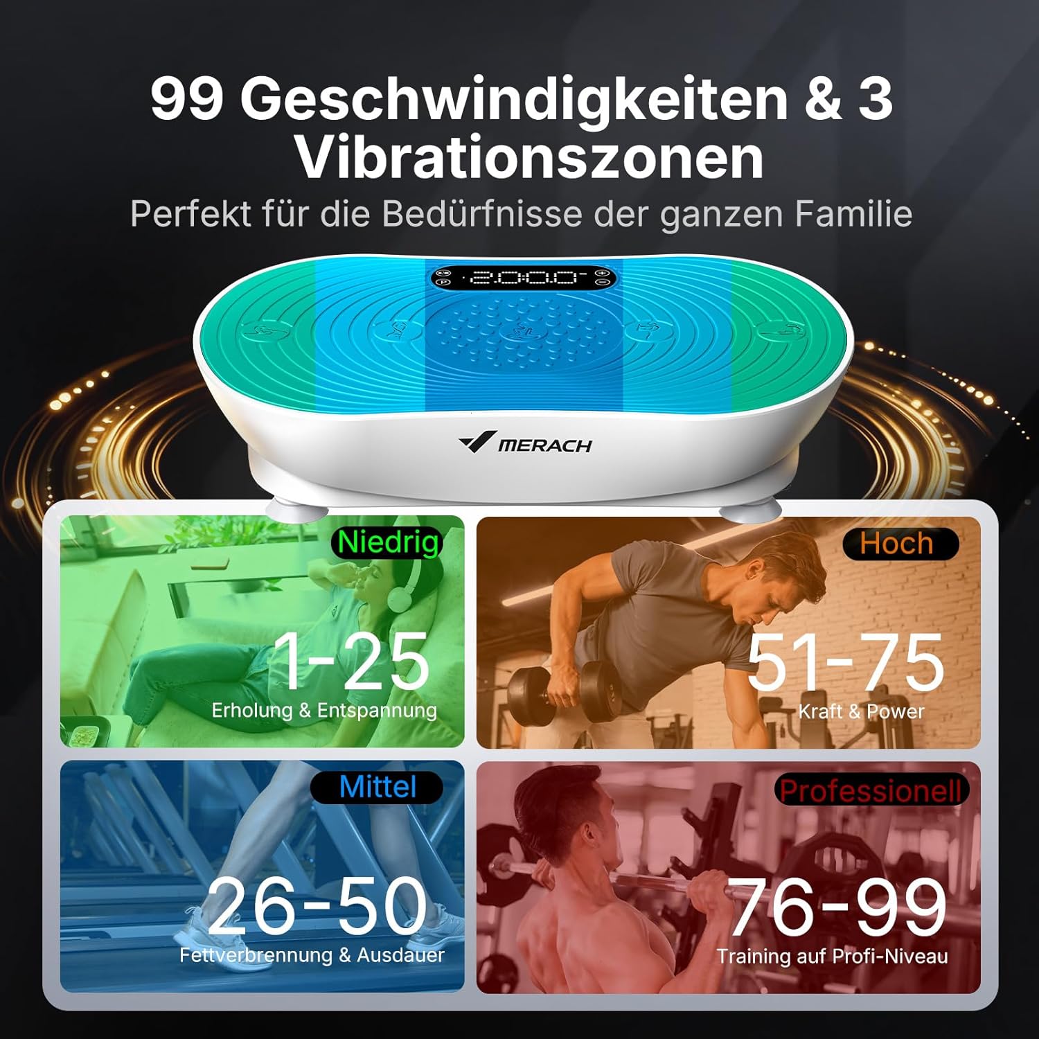 Detalle de MERACH Vibrationsplatte V33 – Ganzkörper-Training mit 99 Geschwindigkeitsstufen, Bluetooth-Lautsprecher und LED-Touchscreen