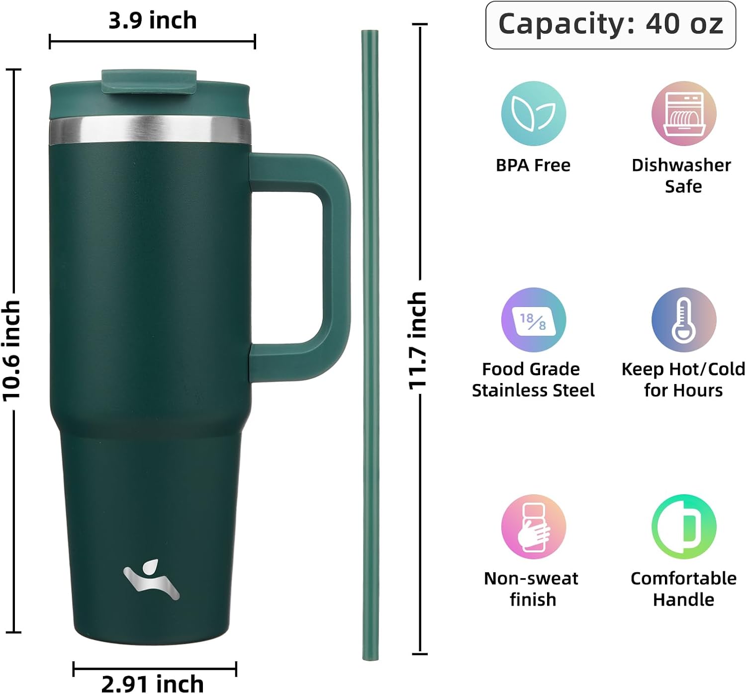 Detalle 2 de Konokyo 40 oz Tumbler with Handle and Straws 2-in-1 Lid 💧📷?