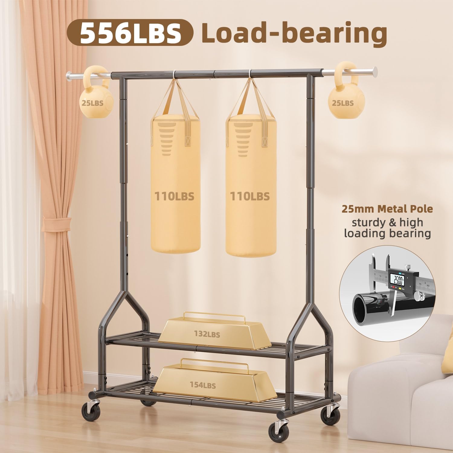 Detalle 2 de EAGMAK UKGRP070 Heavy-Duty Clothes Rack with Adjustable Rod, Shelves and Wheels