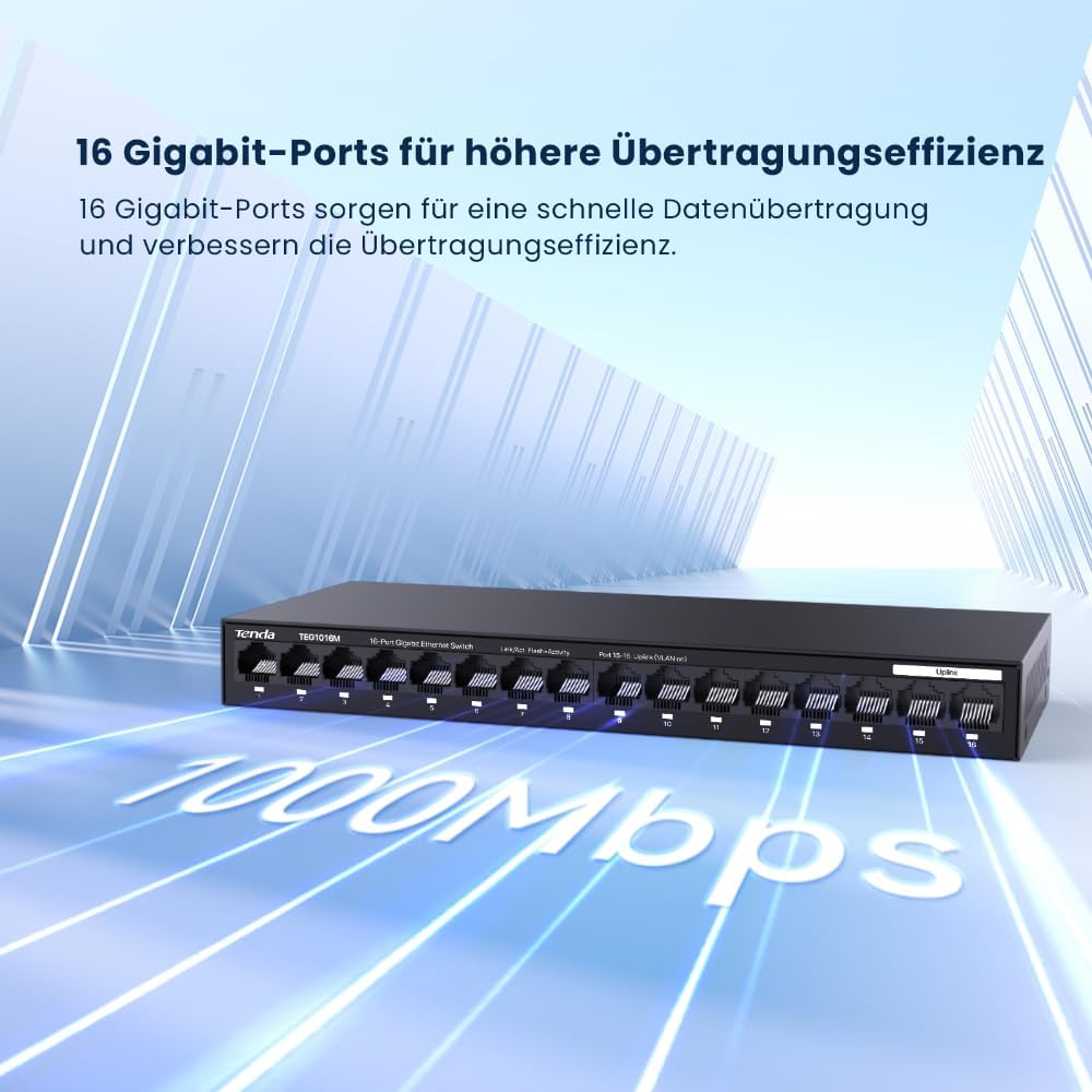 Thumbnail 2 de Tenda TEG1016M – 16-Port Gigabit unmanaged Switch mit VLAN-One-Click, Lüfterlos, Wandmontage, Metallgehäuse