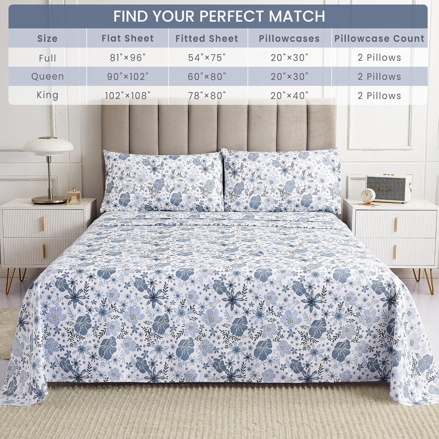 Thumbnail 6 de Mooreeke Floral Queen Microfibre Sheet Set, Blue Vintage Print, Deep-Pocket Fitted Sheet