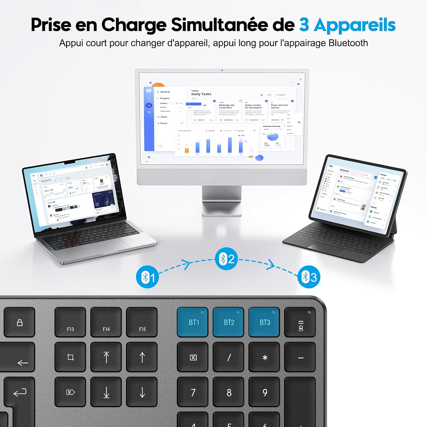 Detalle de OMOTON Clavier Bluetooth sans fil pour Mac AZERTY français rechargeable à 3 canaux (gris foncé)