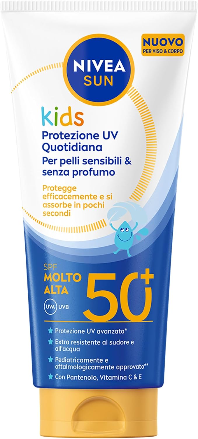 Detalle de NIVEA SUN Kids Protezione UV Quotidiana SPF 50+ – Crema solare viso e corpo per bambini 3+ anni, senza profumo, 100 ml