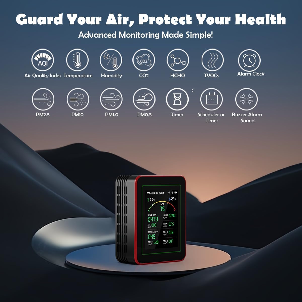 Detalle de Moniteur de Qualité de l’Air 15‑en‑1 avec Application Smartphone – Capteur CO₂, PM2.5/PM10, VOC et HCHO