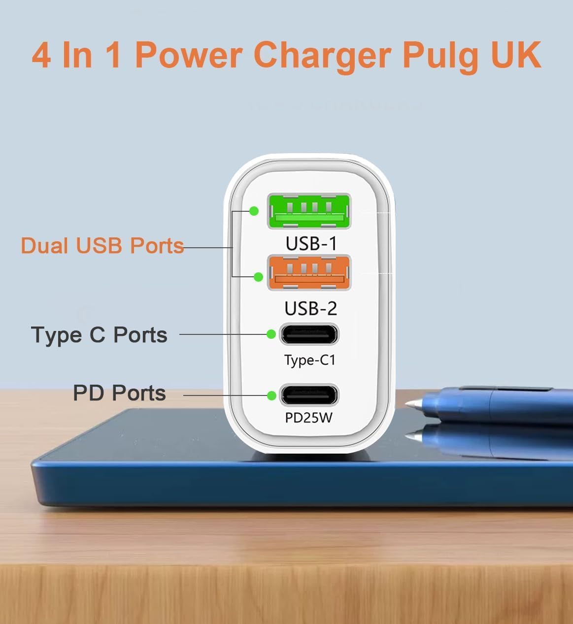 Detalle de EU Travel Adapter Charger with 2 USB‑C and 2 USB‑A Ports