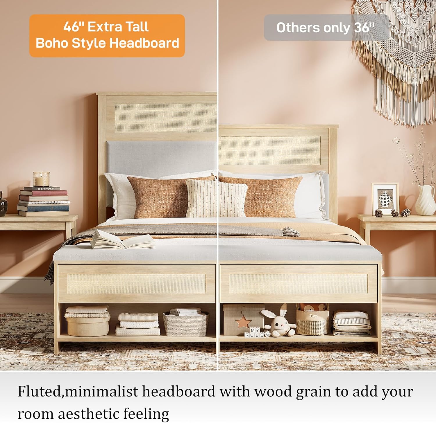 Detalle 1 de VINGLI Full Bed Frame with Rattan Headboard