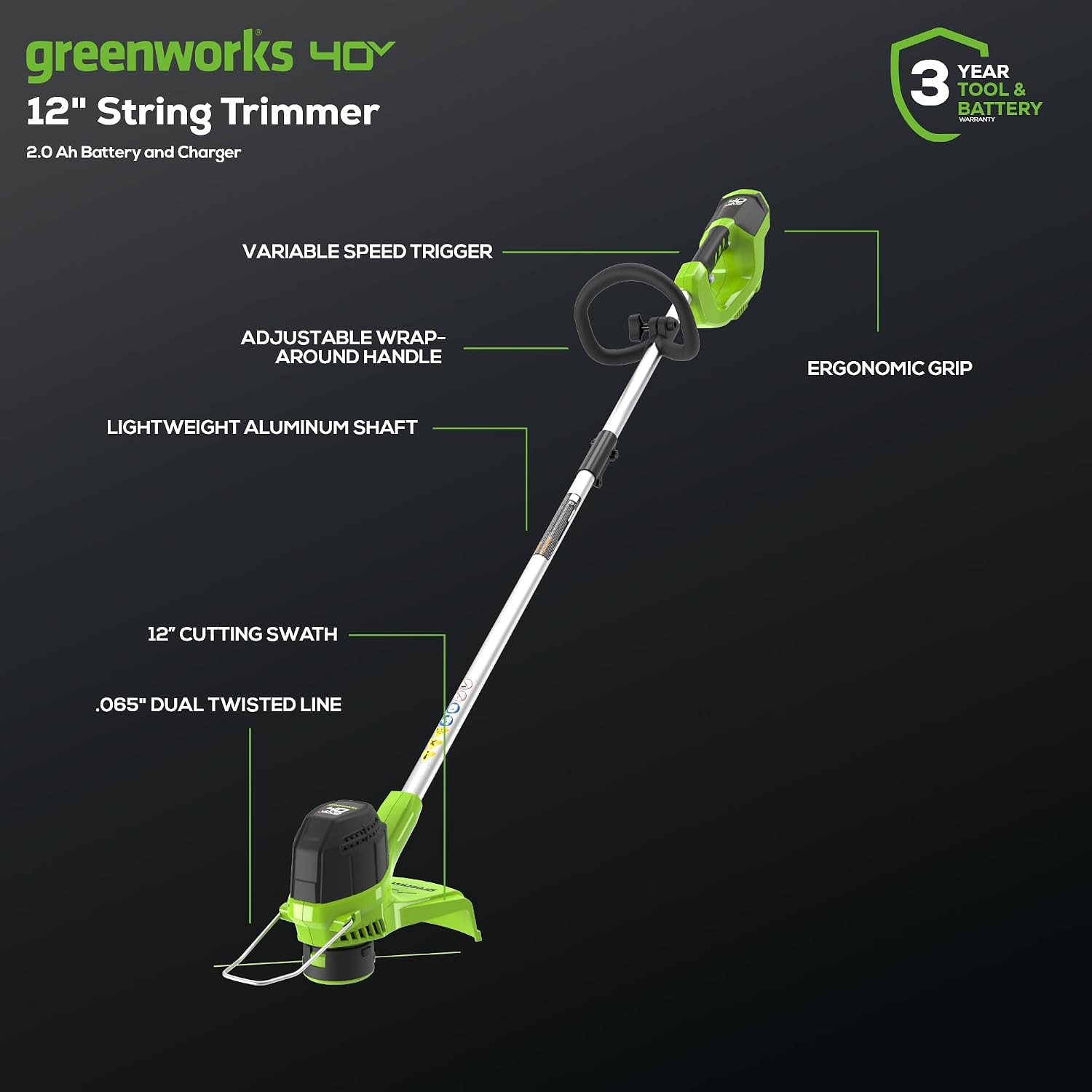 Detalle 2 de Greenworks String Trimmer and Blower Combo, 2.0 Ah Battery