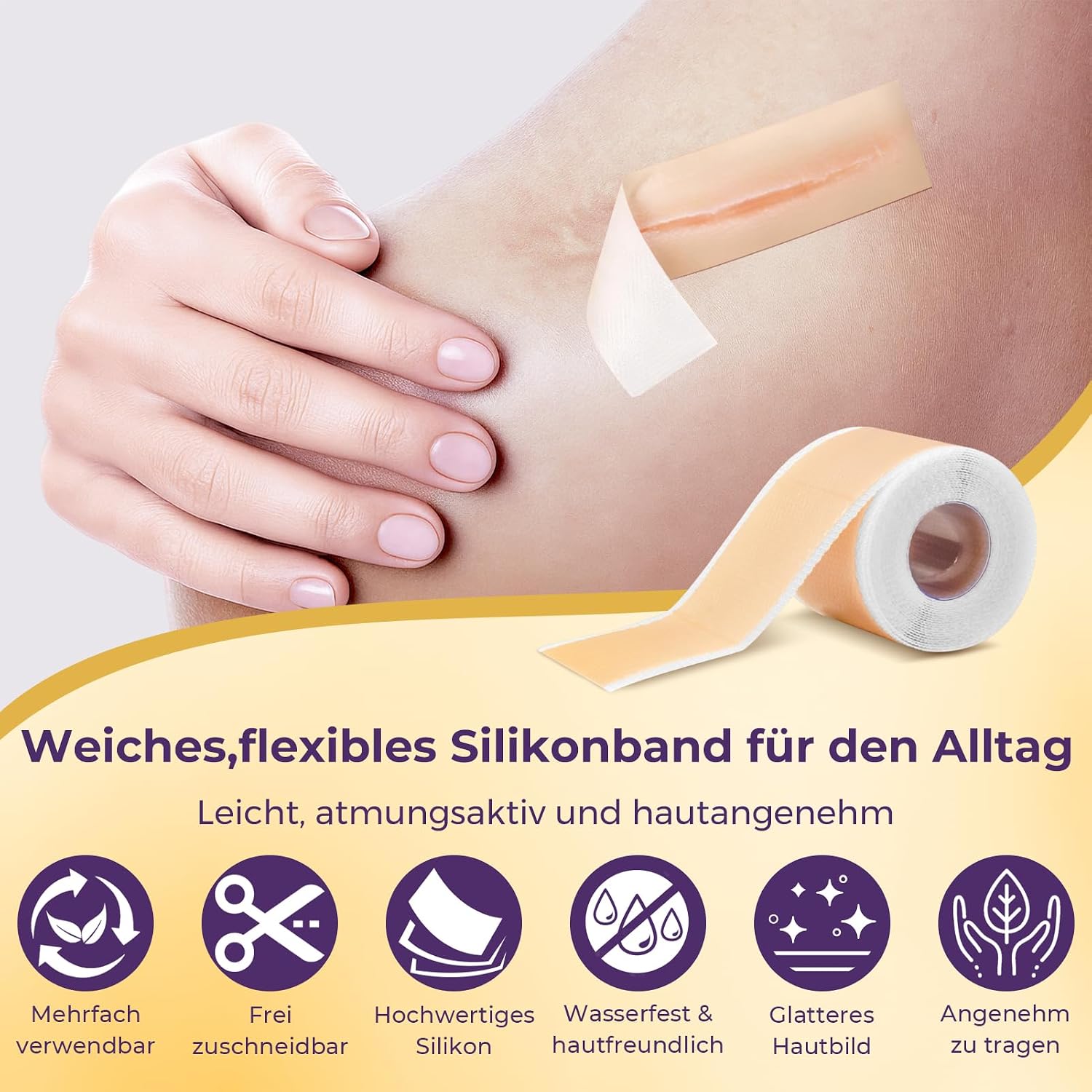 Detalle de Silikon Narbenpflaster 4 cm × 300 cm – wiederverwendbar, hautfarben, wasserdicht und atmungsaktiv
