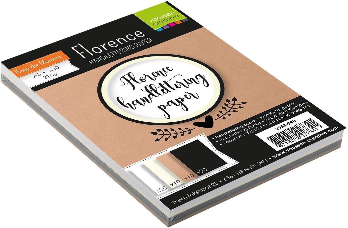 Detalle 2 de Florence Papier Calligraphie A5 – 60 feuilles multicolores (Blanc, Noir, Blanc cassé, Kraft) – 216 g/m², surface lisse