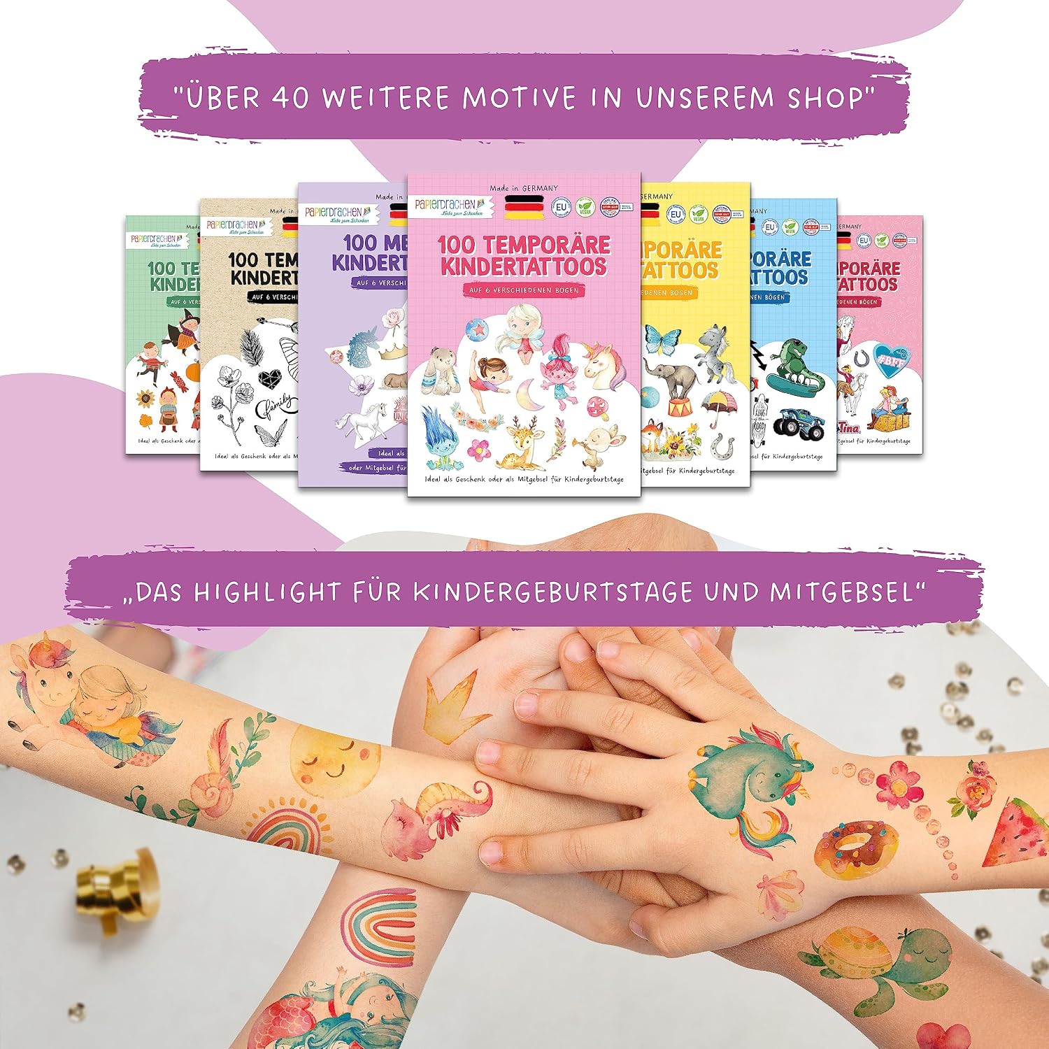 Detalle de Papierdrachen 100 hautfreundliche Kindertattoos mit Meerjungfrau – 6 Bögen für Kindergeburtstag (vegan, dermatologisch getestet)