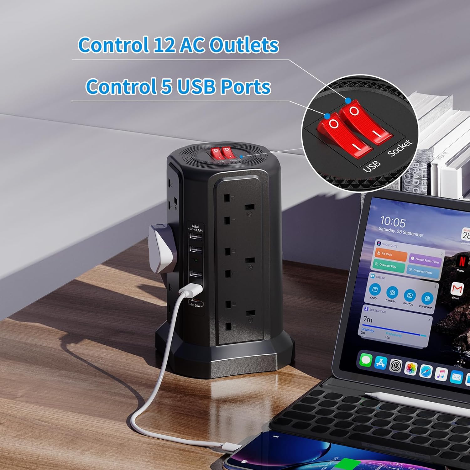 Detalle de Tower Extension Lead 5m with USB Slots and PD 20W Fast Charger (13A 3250W) – 12-Way Surge-Protected Tower, Black