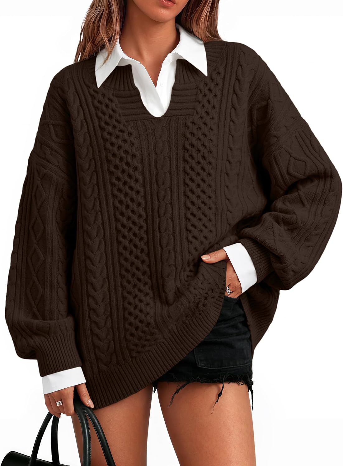 Detalle de Trendy Queen TRD1650 Oversized Cable-Knit Sweater with V-Neck