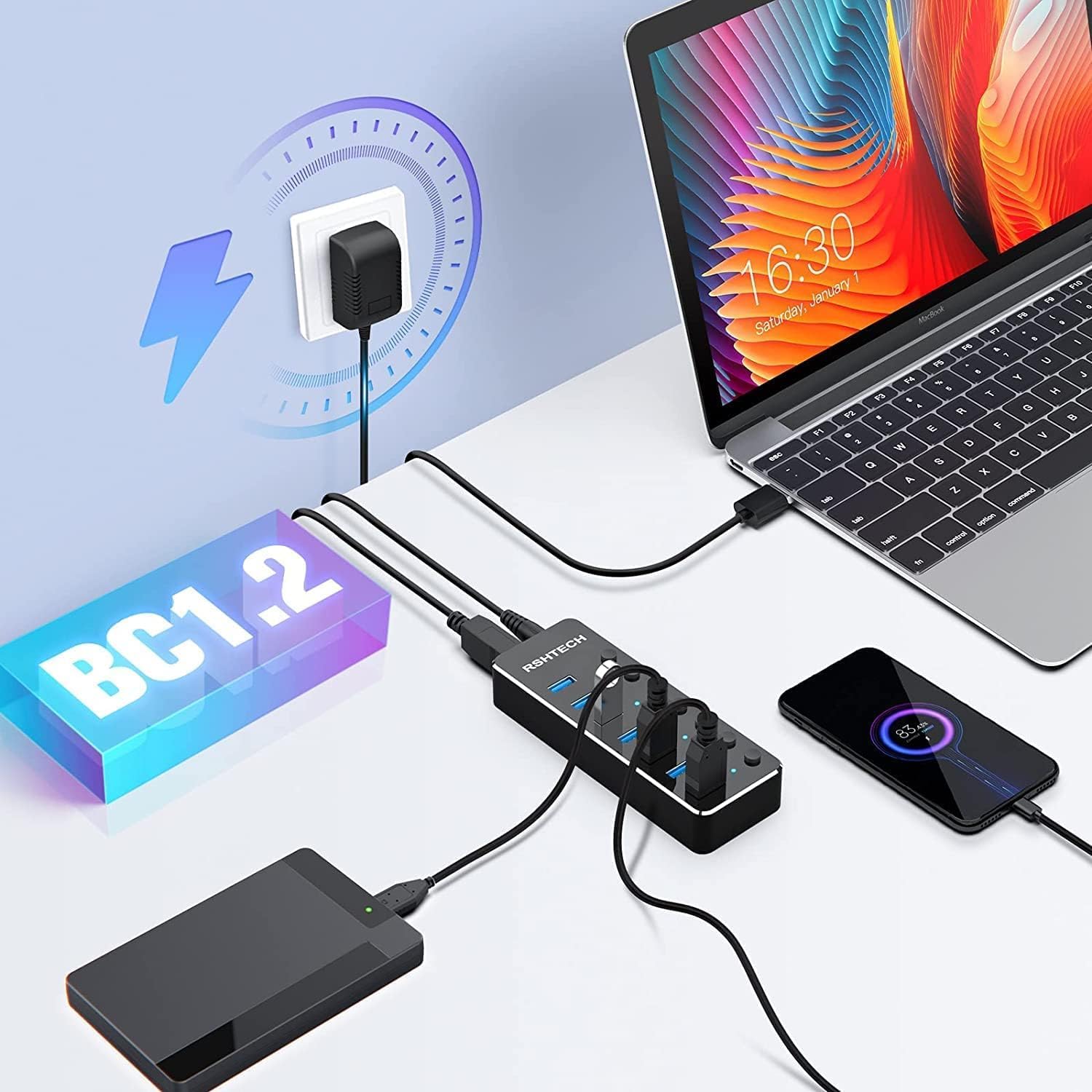 Thumbnail 3 de RSHTECH USB Hub Aktiv 3.0 7 Ports