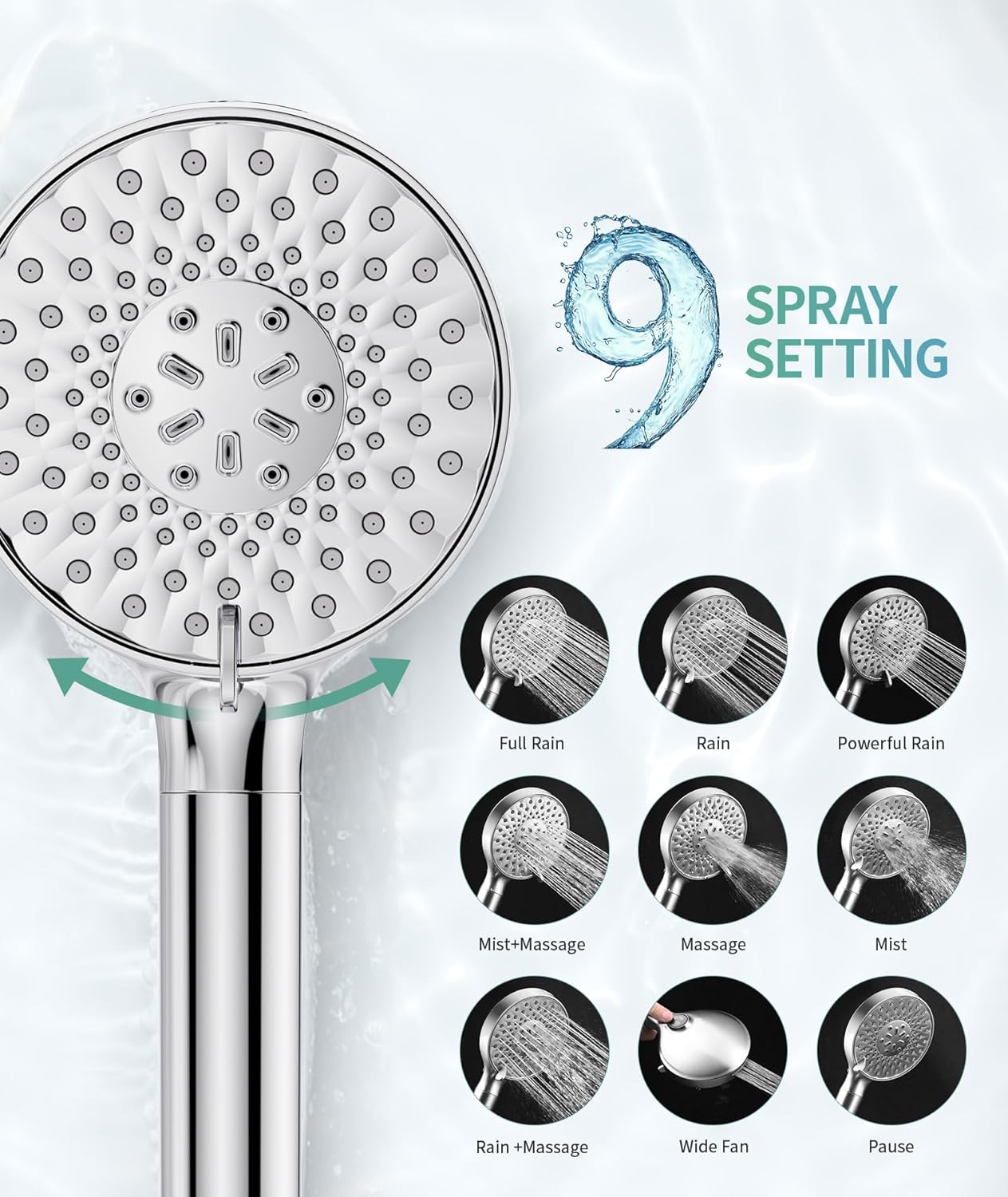 Thumbnail 3 de SR SUN RISE Filtered Shower Head with Handheld High Pressure, 9-Spray Modes & Detachable Design (Chrome)