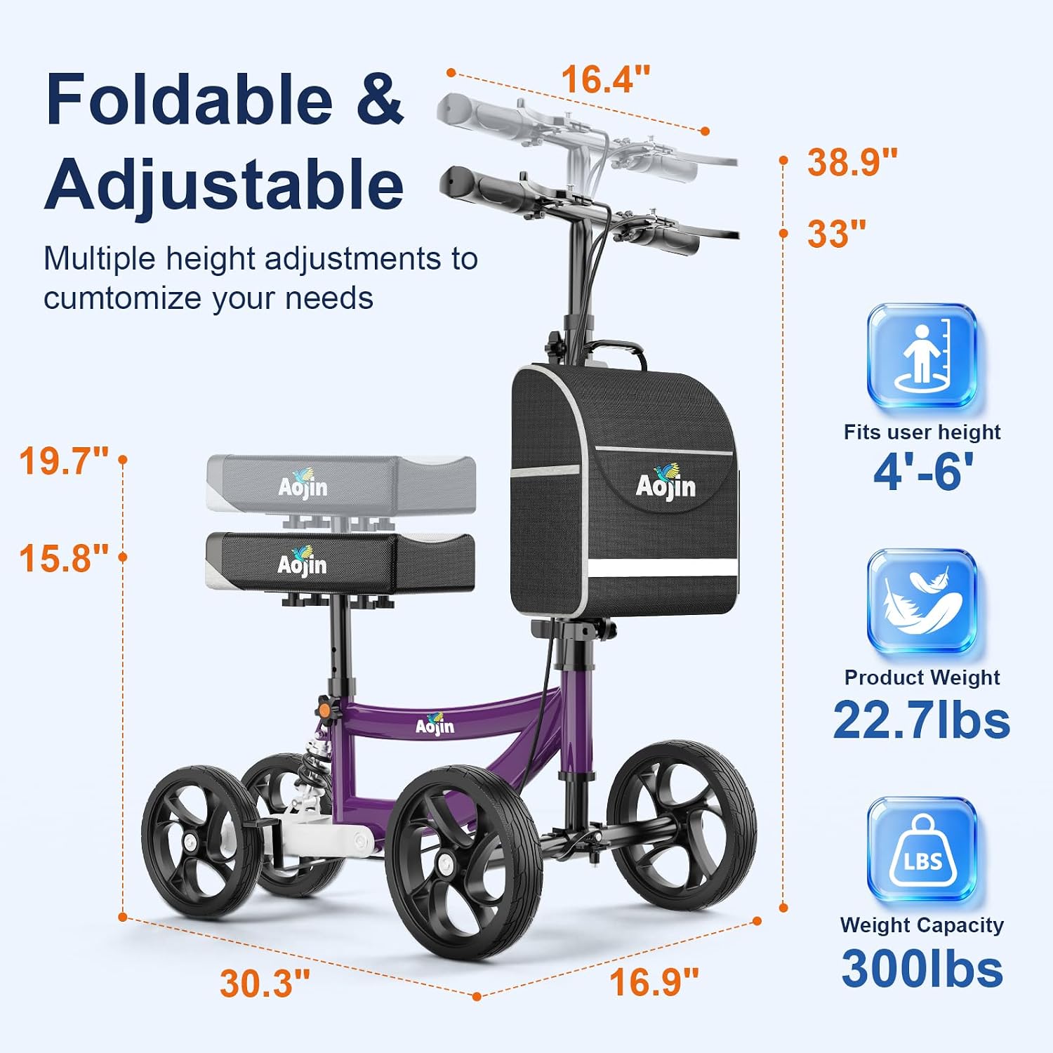 Thumbnail 1 de Aojin WB-2201 Purple Knee Scooter, 8-Inch Wheels, 300-Pound Capacity