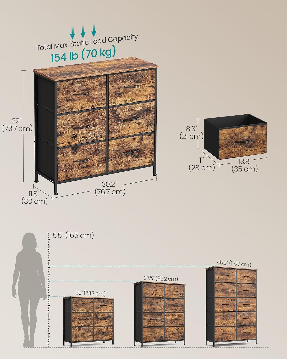 Detalle 2 de SONGMICS LGS123BH04 6-Drawer Chest, Rustic Brown and Ink Black