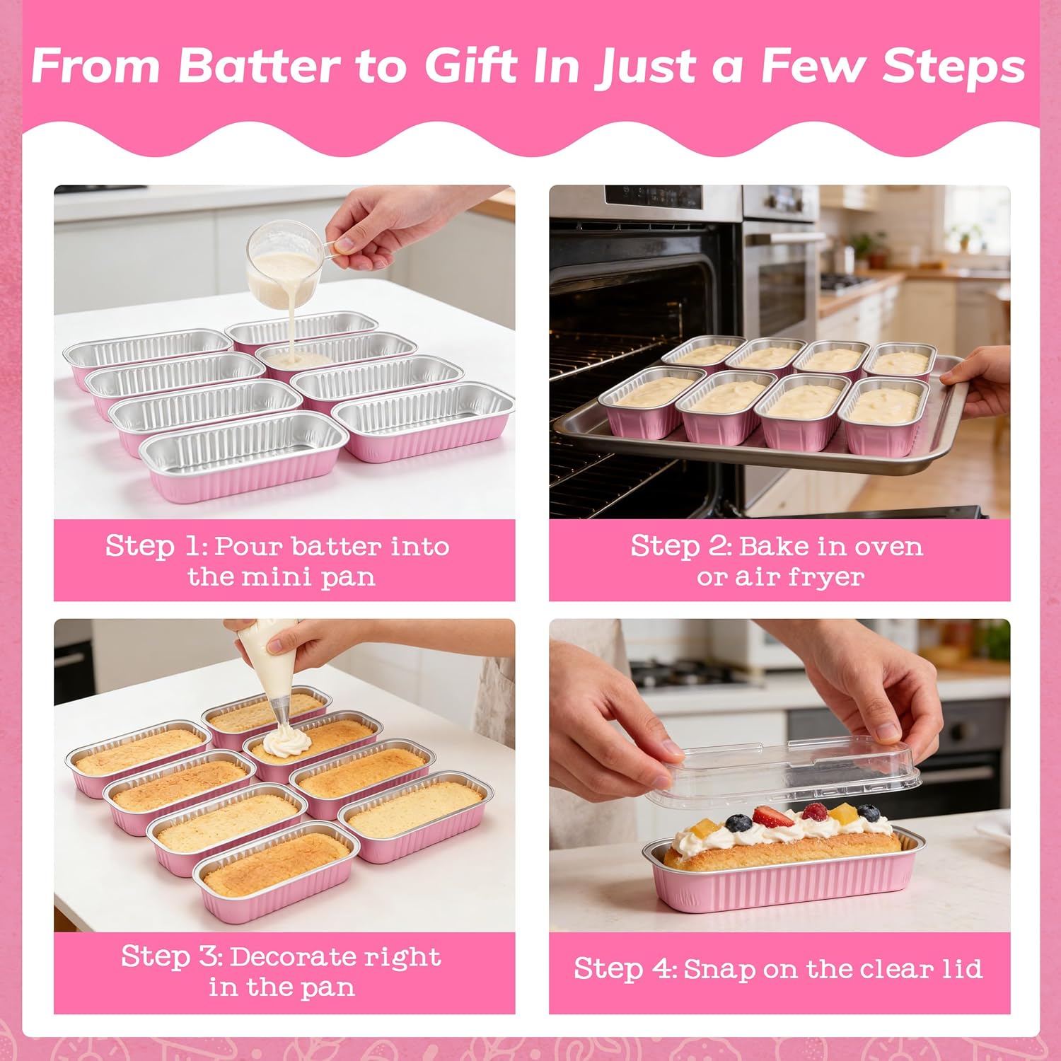 Detalle 2 de NPLUX 50-Pack Mini Cake Pans with Lids and Spoons (Rectangular Aluminum Foil Bread Pans) – Pink, 6.8 oz