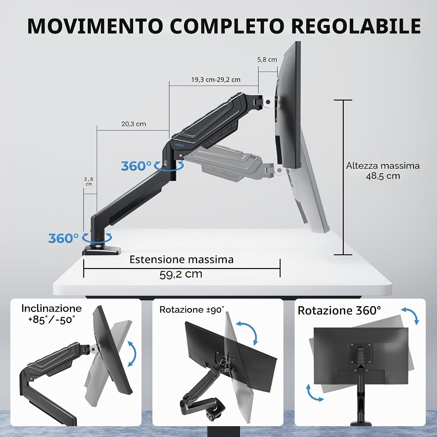 Thumbnail 3 de BONTEC Supporto Monitor da Scrivania 15–34": braccio a gas, gestione cavi e VESA 75x75/100x100