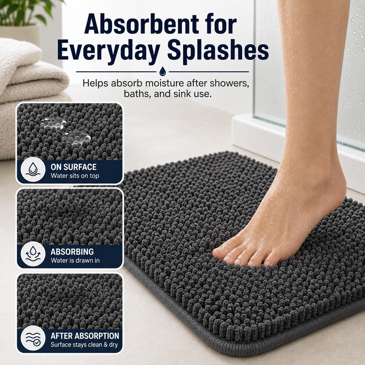 Detalle 2 de 3-Piece Chenille Bathroom Rug Set with Non-Slip PVC Backing (Small U-Shape + Large Mats)