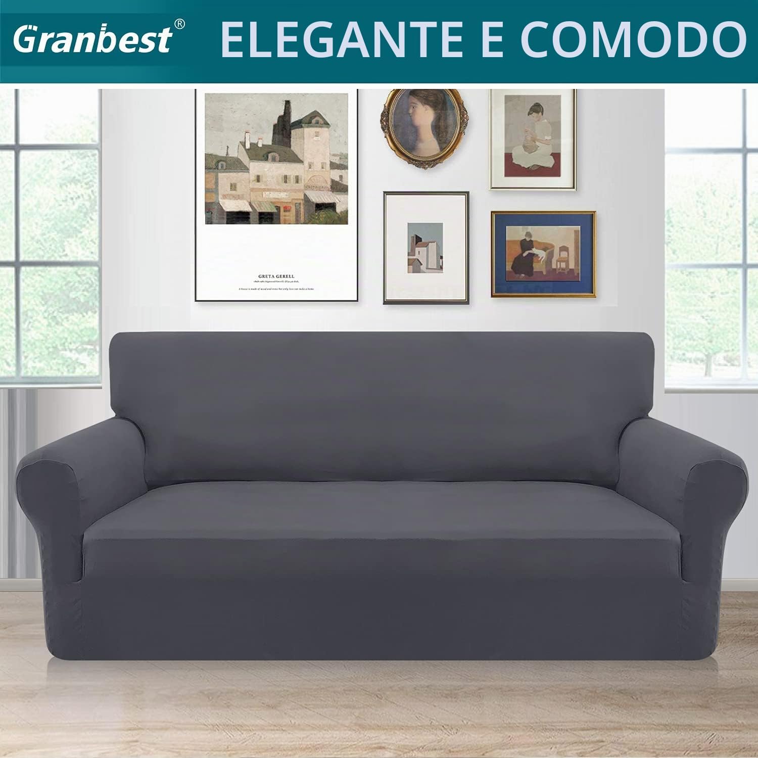 Thumbnail 1 de Granbest copridivano a 3 posti super morbido in elastan con fondo elastico, grigio