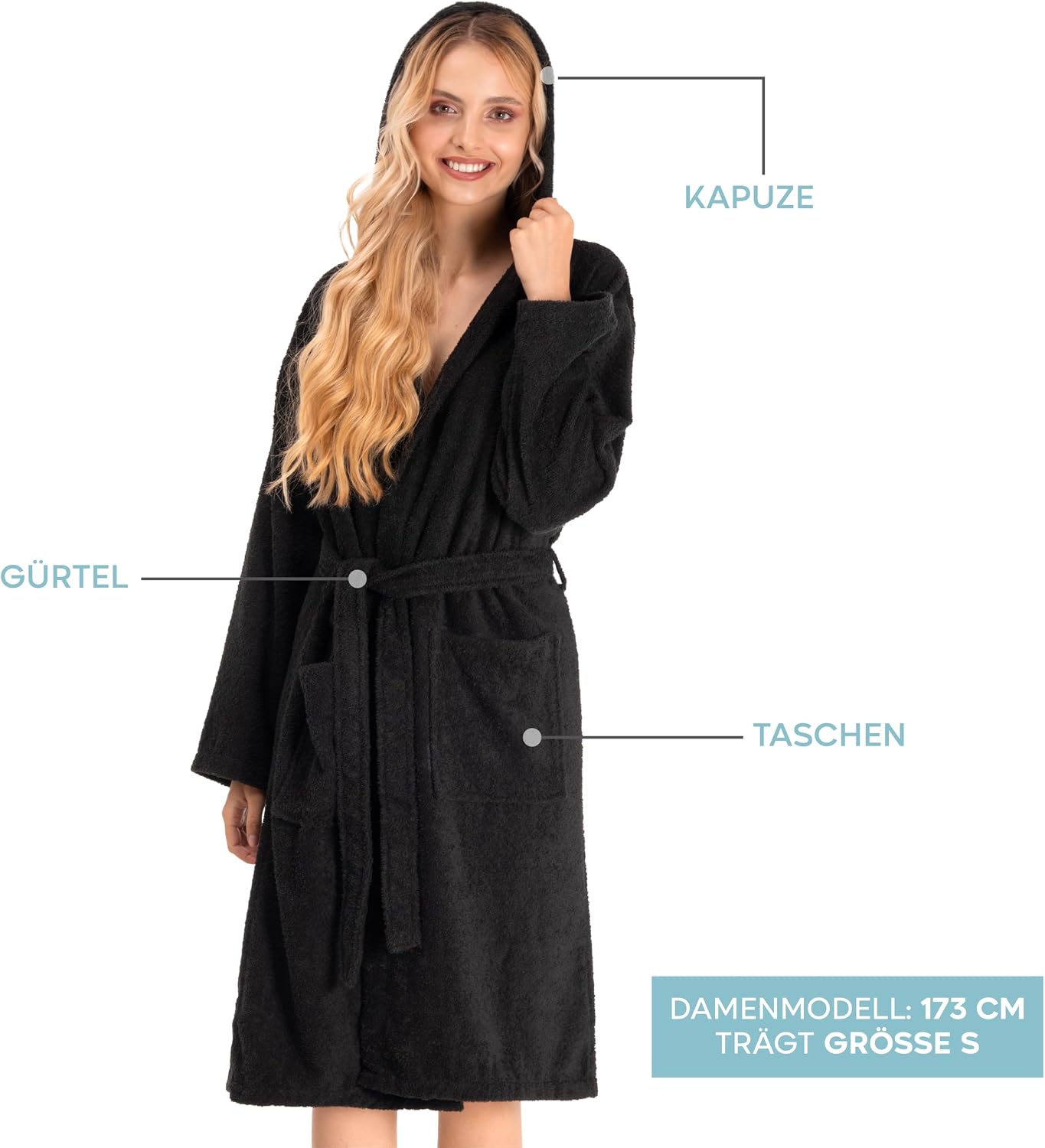 Detalle de Twinzen Damen Bademantel mit Kapuze aus 100% Baumwolle (OEKO-TEX®), XS–XL