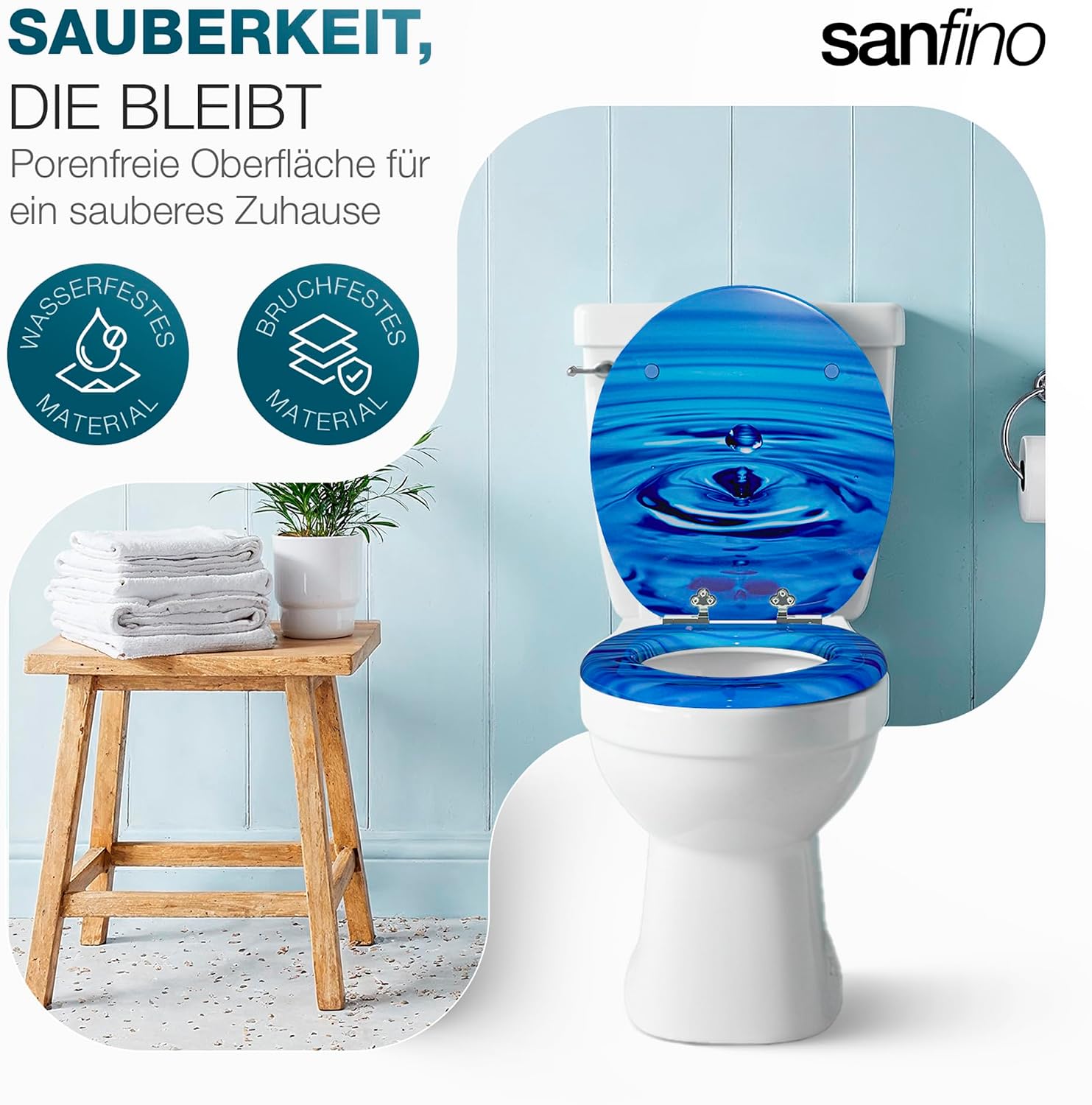 Detalle de SANFINO Premium WC-Sitz mit Absenkautomatik – Holzdeckel, bunte Motive und hoher Sitzkomfort