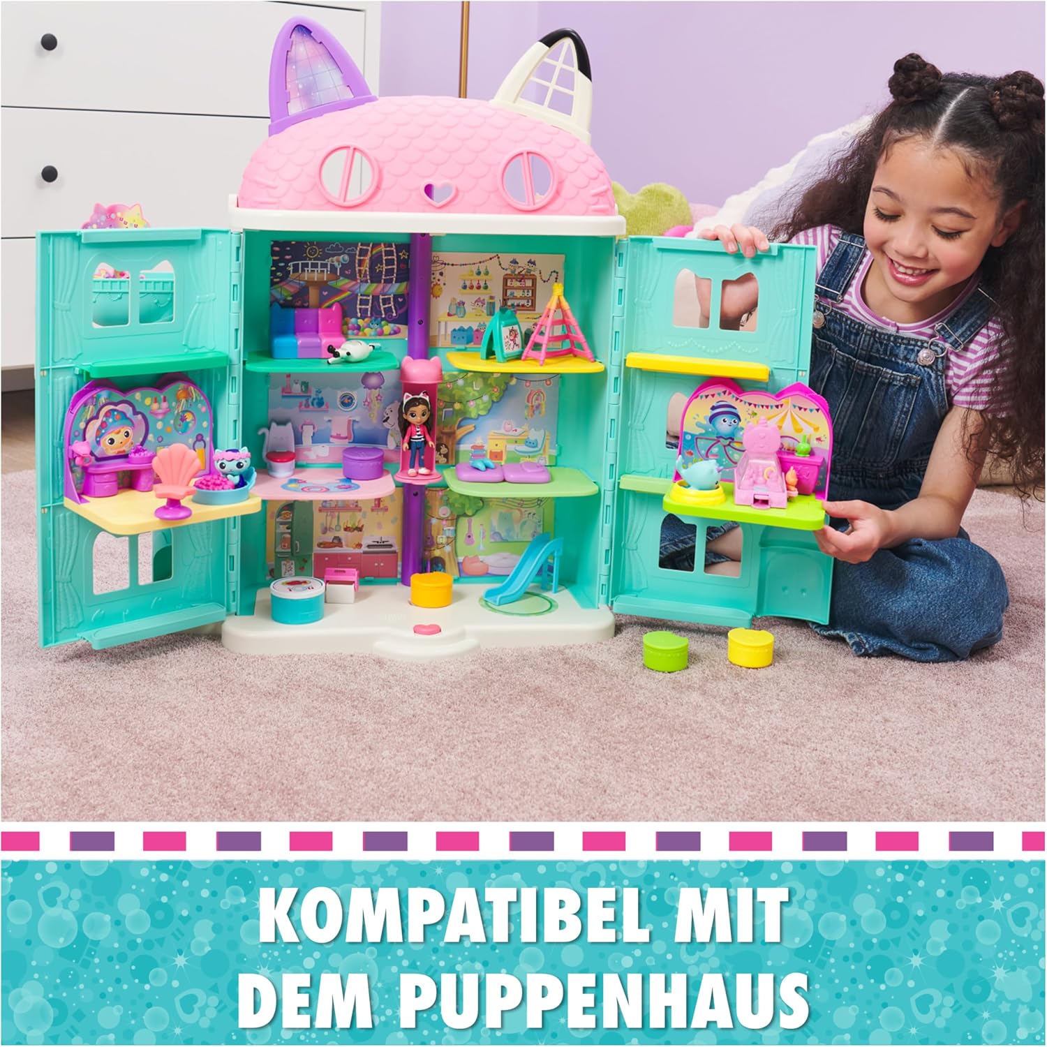 Detalle 2 de DREAMWORKS Gabby’s Dollhouse Deluxe Room Fest-Raum mit Kätzchen Narwal